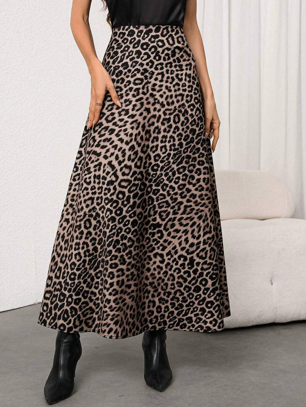 ZARA Retro Leopard Print Flowy Midi Skirt Versatile Slimming